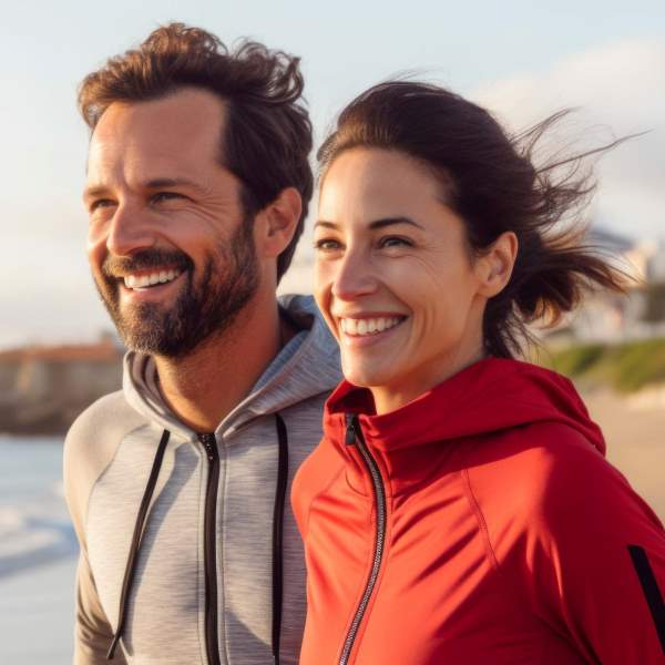 Fit durch Fitnesstraining - Mann und Frau - fröhlich